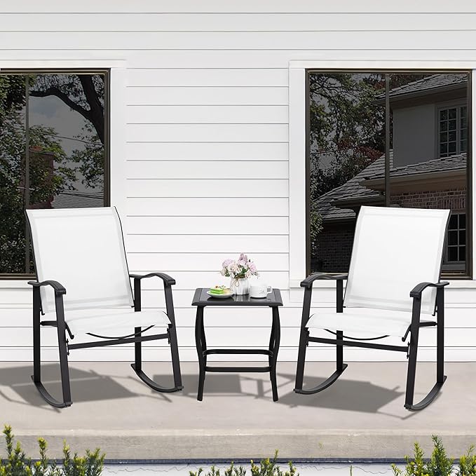 Shintenchi 3 Piece Rocking Bistro Set, Outdoor Furniture with Rocker Chairs and Glass coffee table set of 3, Balcony, Porch Furniture for Small Space, White - LeafyLoom