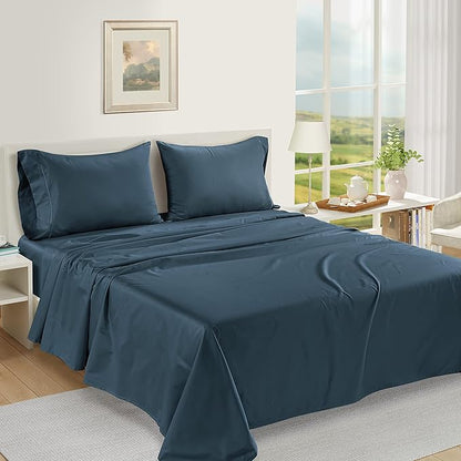 LANE LINEN Luxury 100% Egyptian Cotton Bed Sheets - 1000 Thread Count 4-Piece Full Set Long Staple Bedding Sateen Weave Hotel Fits Upto 17" Mattress Dark Denim - LeafyLoom