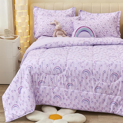 Mooreeke Twin Size Comforter Sets for Girls Kids, 6 Pieces Bed in a Bag Purple Love Rainbow Bedding Comforter Sheet Set with Shams and Decorative Toy Pillow, Ultral Soft Microfiber Kids Bed Set - LeafyLoom