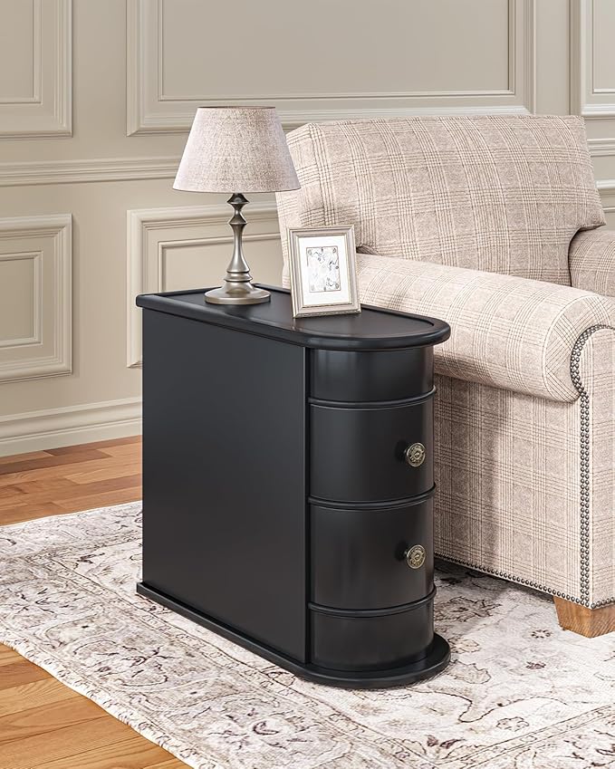 End Table, Black Wooden Side Table with 2 Drawers, No Assembly Required Sofa Side Table, Closed Back, Vintage Slim Nightstand Bedside Table for Bedroom - LeafyLoom