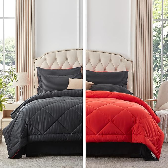 NexHome Black/Red King Bed in a Bag 7-Pieces Comforter Sets with Comforter and Sheets Soft All Season Bedding Sets with Comforter, Pillow Shams, Flat Sheet, Fitted Sheet and Pillowcases - LeafyLoom