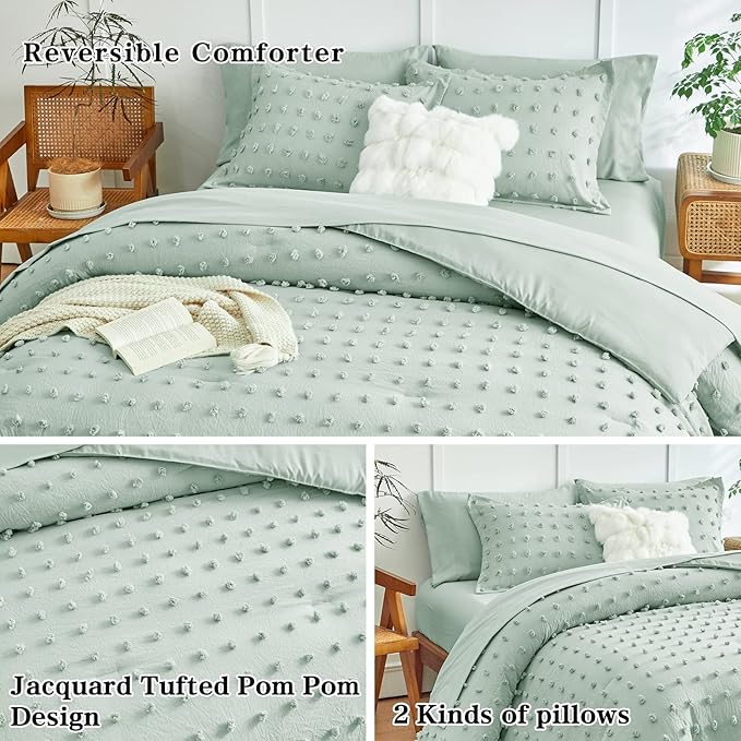 7 Pieces Tufted Dots Bed in a Bag Queen Comforter Set with Sheets Green , Soft and Embroidery Shabby Chic Boho Comforters, Solid Color with Pom Pom Design, Jacquard Tufts Bedding Set for All Season - LeafyLoom