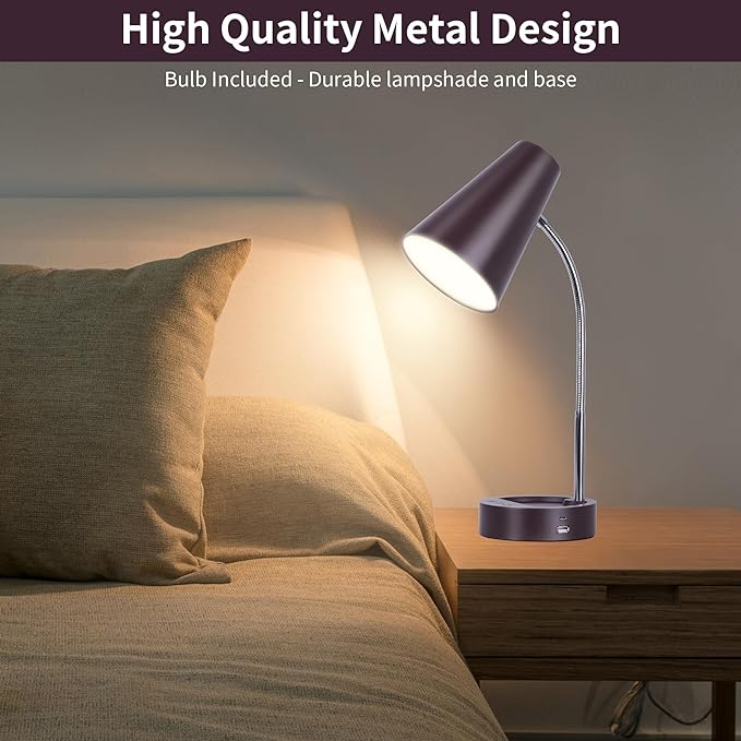 RUNTOP Metal Desk Lamp, Desk Lamps for Home Office College Dorm Room Eye-Caring Reading, Gooseneck Desk Lamp with USB Port, 5 Brightness Levels, 5 Color Temperature, Flexible Study Desk Light,Brown - LeafyLoom