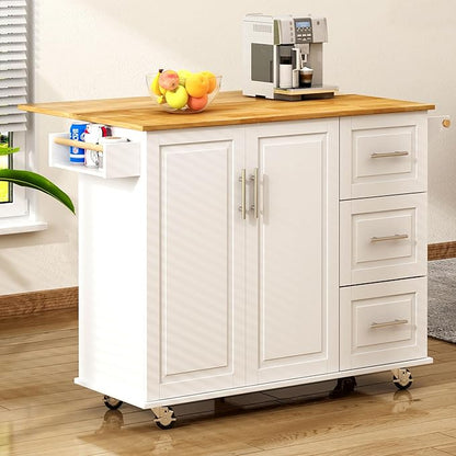 soges Mobile Kitchen Island with Storage and Drop Leaf on Wheels, Rolling Kitchen Island Table Cart with 3 Drawers and Large Storage Cabinets, Spacious Desktop, Adjustable Shelves, White - LeafyLoom