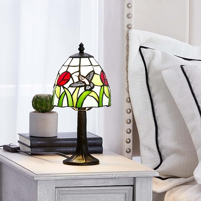 Tiffany Style mini table Lamp-Stained Glass Hummingbird with Tulip Design Table or Desk Light LED Bulb Included-Vintage Look Colorful Accent Decor - LeafyLoom