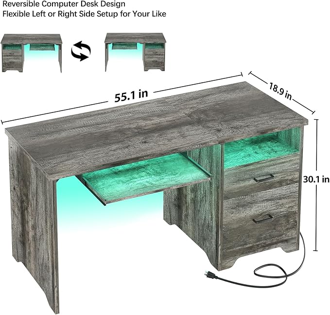 55 Inch Computer Desk with Smart LED Light and Power Outlet, Reversible Office Desk with File Cabinet, Modern Sturdy Writing Table Gaming Desk with Drawers and Keyboard Tray, Black Oak - LeafyLoom