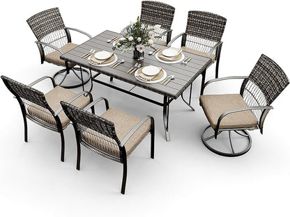 Pamapic 7 Piece Patio Dining Set for 6,Wicker Outdoor Furniture Set for Backyard Garden Deck Poolside with Iron Slats Table Top,4 Dining Chairs and 2 Swivel Rockers,Removable Cushions(Beige) - LeafyLoom