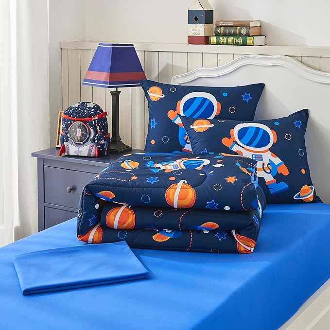 Space Navy Twin XL Comforter Sets for Boys Girls Kids Teen 5 Pieces Bed in a Bag Galaxy Astronaut Comforter with Sheet Sets Dorm Bedding Set - LeafyLoom