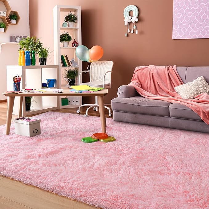 Super Soft Fluffy Shaggy Rugs 6x9 Feet for Living Room Bedroom, Fuzzy Plush Area Rugs for Girls Kids Room Nursery Home Decor, Furry Dorm Rug Cute Non-Slip Indoor Floor Carpet, Baby Pink - LeafyLoom