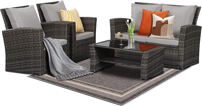 Solaste 4 Piece Patio Outdoor Furniture Sets,Patio Conversation Sofa Wicker Chair with Cushion,Hand Woven Rattan Sofa for Porch Backyard Outside Garden Lawn Yard,Grey - LeafyLoom