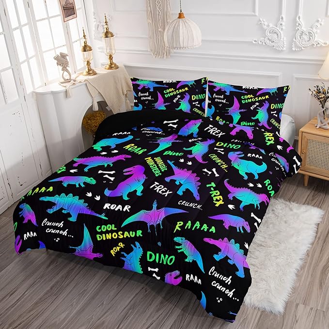 Axolotl Cartoon Dinosaur Bedding Set,Queen Size Kids Bed Set,Gradient Dinosaur Comforter Set,1 Quilt with 2 Pillowcases for Boys Girls Kids Teens Children Adults Room Decor All Season,Black - LeafyLoom