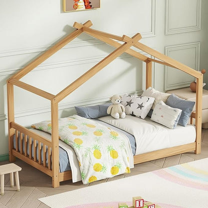 Montessori Floor Bed Frame Twin Size, Twin Floor Bed with Headboard and Footboard, Low House Bed for Girls, Kids, Boys, No Box Spring Needed, Natural Montessori Bed Twin Size - LeafyLoom