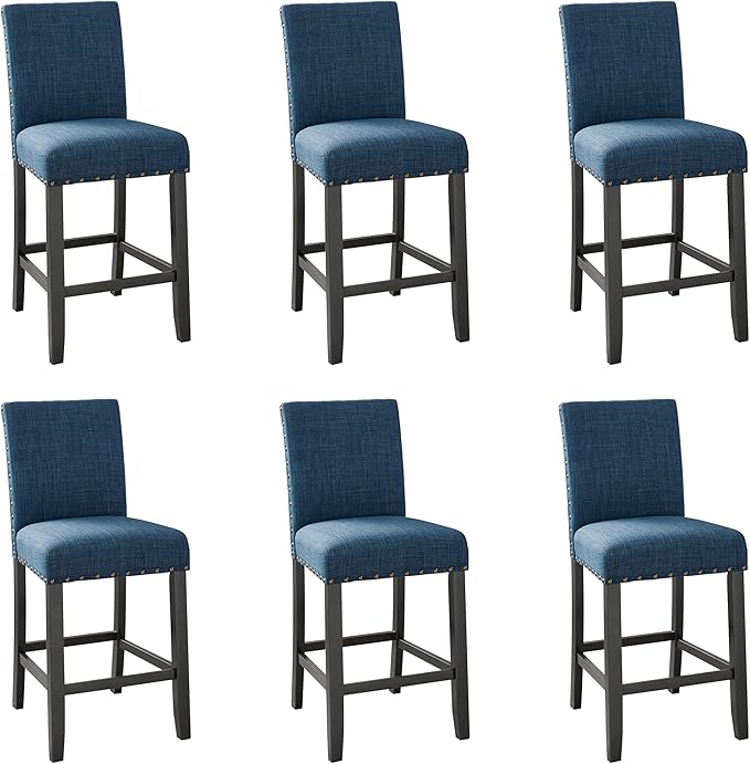 New Classic Furniture Crispin Counter Dining Chair (Set of Six), 100% Polyester Marine Blue Fabric with Espresso Legs - LeafyLoom