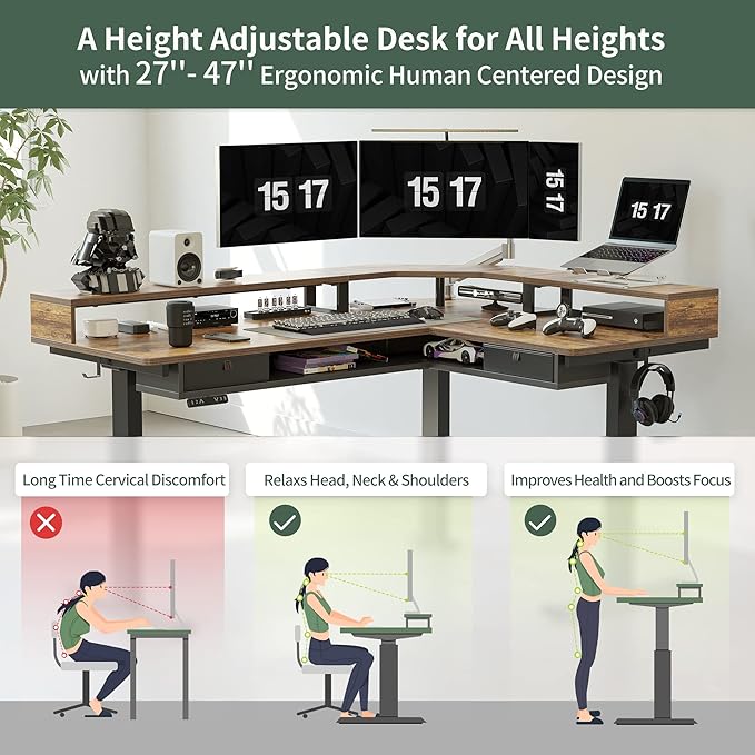 FEZIBO 63" L Shaped Standing Desk with LED Strip, Electric Triple Motor Sit Stand up Corner Desk Height Adjustable with Monitor Stand & Shelves, 2 Drawers, Ergonomic Home Office Desk, Rustic Brown - LeafyLoom