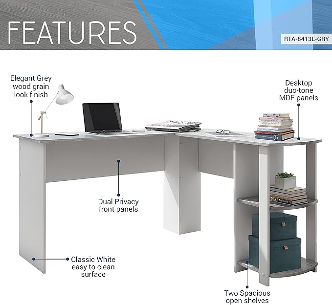 Techni Mobili L Shaped Desk - Modern Computer Desk with Corner Bookshelf & Side Storage Shelves for Home Office Accessories - Elegant, Space-Saving, & Minimalist Executive Table - LeafyLoom