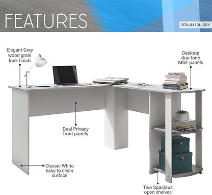 Techni Mobili L Shaped Desk - Modern Computer Desk with Corner Bookshelf & Side Storage Shelves for Home Office Accessories - Elegant, Space-Saving, & Minimalist Executive Table - LeafyLoom