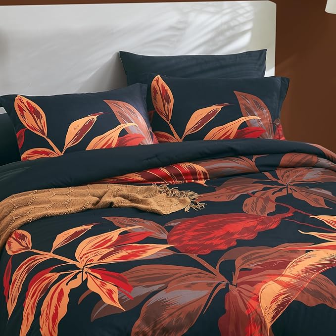 WRENSONGE King Size Comforter Set, 7 Pieces Black Red Floral Comforter Set with Sheets for King Size Bed, Red Leaf Pattern King Bedding Set, Soft Breathable Bed in a Bag King for All Seasons - LeafyLoom