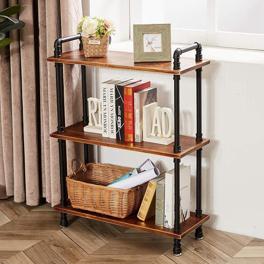 Industrial Bookshelf, Pipe Shelves, Industrial Pipe Shelving, 3 Tier Bookshelf,Pipe Bookshelf,Industrial Pipe Shelf(Rustic Brown, 29.5" L x 11.8" W x 39" H) - LeafyLoom