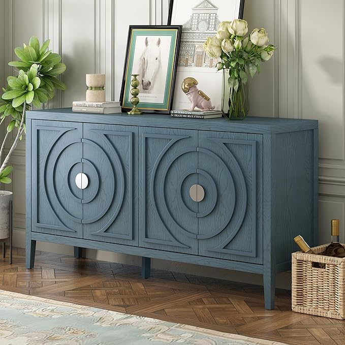 Retro Sideboard with Circular Groove Design Round Metal Door Handle,Wooden Buffet Cabinet,W/Adjustable Shelves & Open Countertop,for Entrance Living Dinning Room,Antique Blue, 60" - LeafyLoom