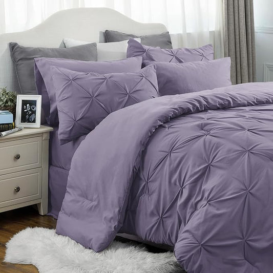 Bedsure Twin Comforter Set with Sheets - 5 Pieces Twin Bedding Sets, Pinch Pleat Grayish Purple Twin Bed in a Bag with Comforter, Sheets, Pillowcase & Sham - LeafyLoom