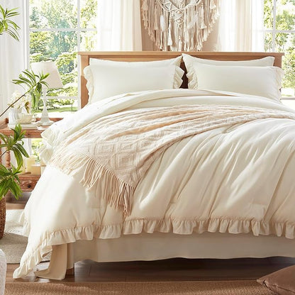 Anluoer King Comforter Set 7 Piece, Beige Bed in a Bag with Sheets, All Season Ruffle Shabby Chic Bedding Sets with 1 Comforter, 2 Pillow Shams, 2 Pillowcases, 1 Flat Sheet, 1 Fitted Sheet - LeafyLoom