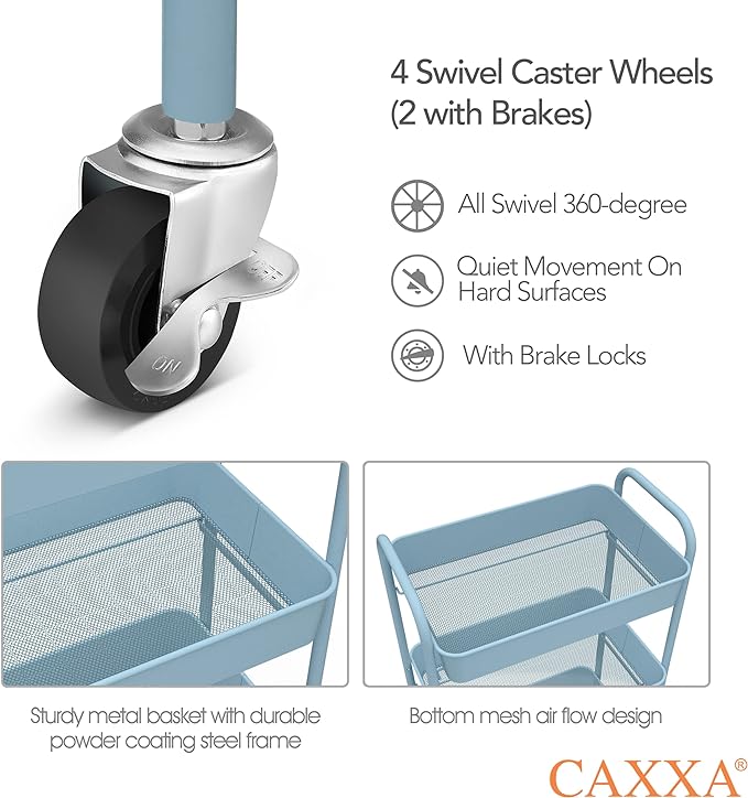 CAXXA 3-Tier Rolling Metal Storage Organizer - Mobile Utility Cart with Caster Wheels, Blue - LeafyLoom