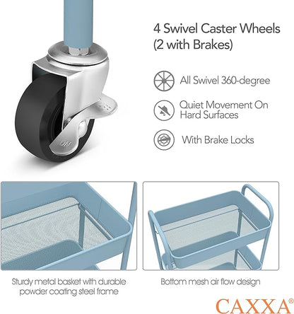 CAXXA 3-Tier Rolling Metal Storage Organizer - Mobile Utility Cart with Caster Wheels, Blue - LeafyLoom