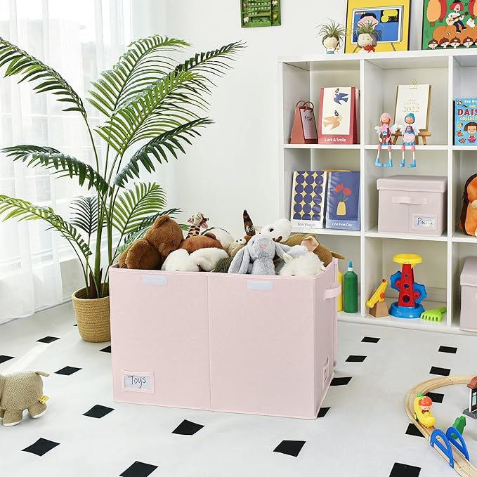 GRANNY SAYS Toy Chest with Lids, Foldable Toy Storage Organizer with Handles, Stuffed Animal Storage for Nursery Room Playroom, Girl's Room, Living Room, Large Toy Box for Girls, Pink - LeafyLoom