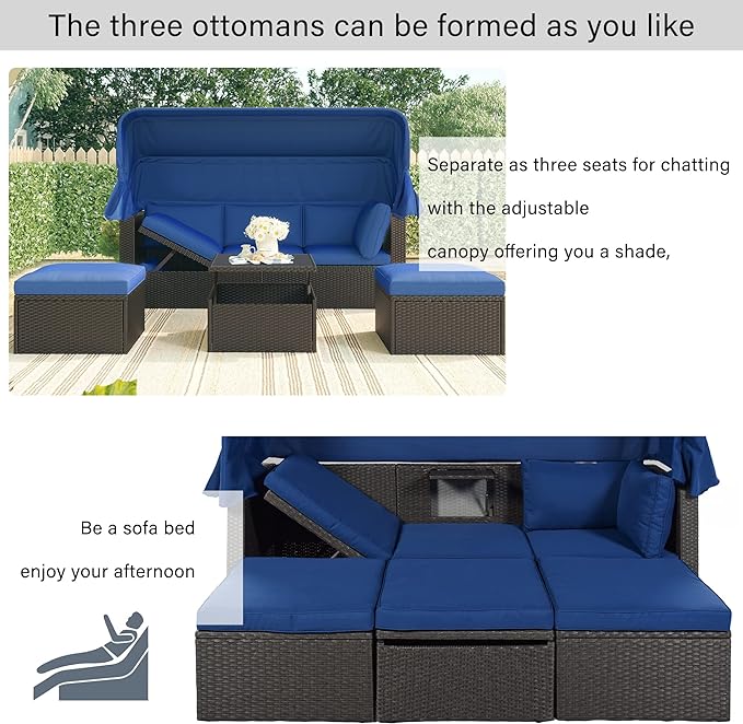 Patio Rectangle Daybed with Retractable Canopy and Lift Up Side Table, PE Rattan Wicker Outdoor Furniture Sectional Sofa Set Sunbed w/Ottoman for Garden, Onesize, Grey Rattan&Blue Cushions - LeafyLoom