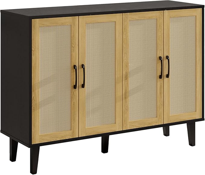 Storage Cabinet with Rattan Trim - 4 Door Sideboard Buffet Cabinet with Storage, Accent Cabinet with Shelves for Bathroom, Coffee Bar, Kitchen, Living Room, Hallway (Black) - LeafyLoom