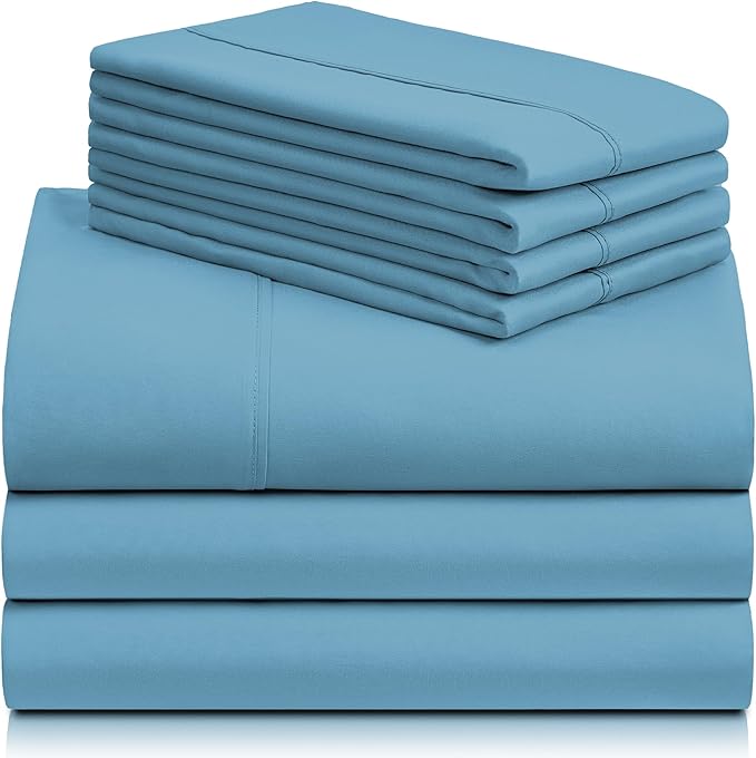 LuxClub 7 PC Split King Sheet Set, Breathable Luxury Bed Sheets, Deep Pockets 18" Eco Friendly Wrinkle Free Cooling Sheets Machine Washable Hotel Bedding Silky Soft - Light Blue Split King - LeafyLoom