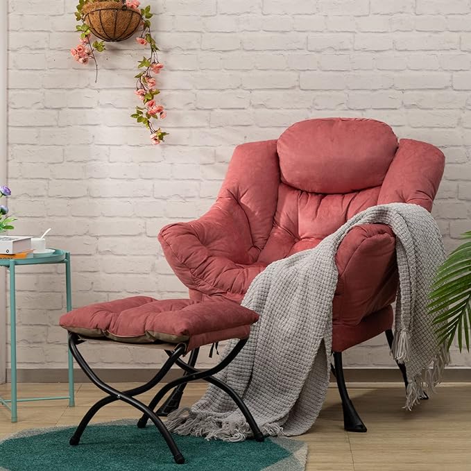 HollyHOME Fabric Lazy Chair with Foldable Ottoman, Accent Comfy Lounge Arm Chair and Folding Footrest Stool Set, Leisure Sofa Reading Chair and Footstool for Living Room, Bedroom, Dorm, Brick Red - LeafyLoom