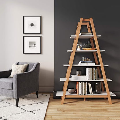 Nathan James 62201 Carlie 5-Shelf Ladder Bookcase, Display or Decorative Storage Rack with White and Rove Brown Wooden Ladder Shelves - LeafyLoom