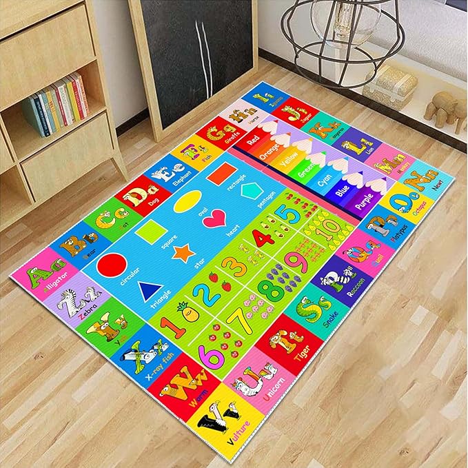 Kids Alphabet Play Game Rug - 3' 3" x 5' 3" ABC Numbers and Shapes Educational Learning Toddler Carpet - Kids Room Playroom Classroom Kindergarten Activity Fun Soft Non-Slip Mat - LeafyLoom