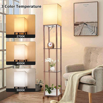 Floor Lamp with Shelves for Living Room Walnut Brown, Shelf Floor Lamp with 3 CCT LED Bulb, Corner Display Standing Column Lamp Etagere Organizer Tower Nightstand with White Linen Shade for Bedroom - LeafyLoom