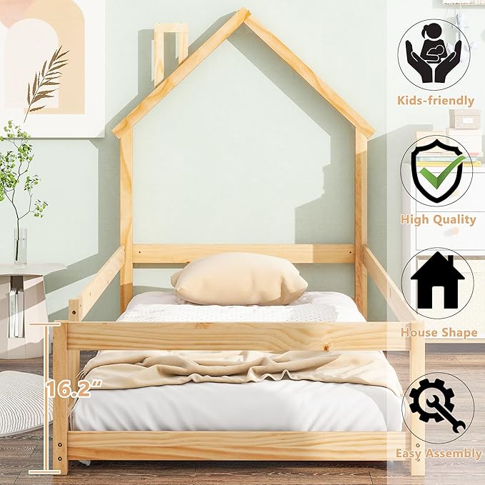 Bellemave Twin Size House-Shaped Headboard Floor Bed with Fence,Wooden Montessori Floor Bed for Kids,House Bed Twin Frame for Girls,Boys (Natural) - LeafyLoom