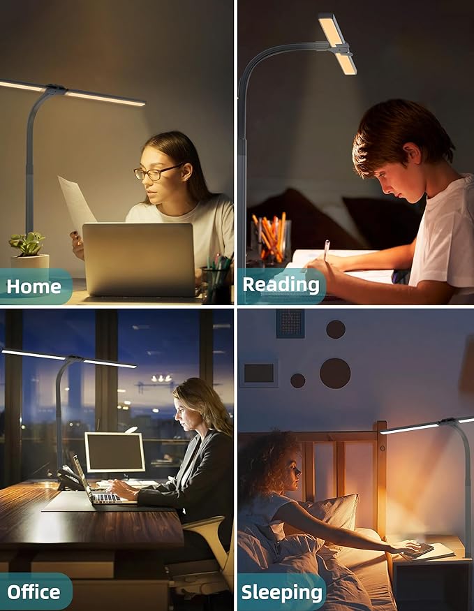 LED Desk Lamp with Clamp for Home Office,Double Head Eye-Caring Clip on Lights with Remote,10 Dimmable Brightness, 24W Bright Desk Light for Reading Study Workbench Drafting, Flexible Gooseneck Lamp - LeafyLoom