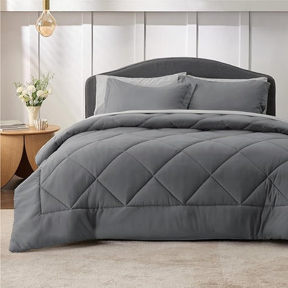 Bedsure Dark Grey California King Size Comforter Set - 7 Pieces Reversible California King Bed in a Bag, California King Dark Grey Bed Set with Comforters, Sheets, Pillowcases & Shams - LeafyLoom