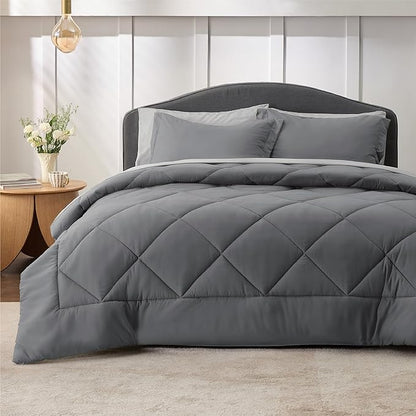 Bedsure Dark Grey Twin Comforter Set - 5 Pieces Reversible Twin Bed in a Bag for College, Extra Long Twin Bed Set Dark Grey with Comforters, Sheets, Pillowcase & Sham - LeafyLoom