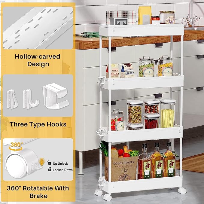 SPACEKEEPER Slim Rolling Storage Cart 4 Tier Bathroom Organizer Mobile Shelving Unit Utility Cart Tower Rack for Kitchen Laundry Narrow Places, White - LeafyLoom