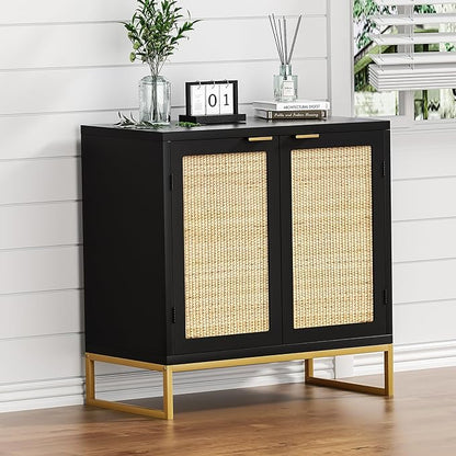 Anmytek Rattan Sideboard Buffet Kitchen Storage Cabinet with 2 Doors, Modern Black Accent Cabinet for Kitchen Buffet Cabinet with Storage for Kitchen - LeafyLoom