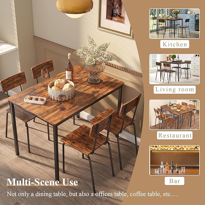 4 Chairs Dining Table Set for 4-8, Modern Space Saving Kitchen Desk, Wooden Industrial Style Farmhouse, 43", Brown - LeafyLoom