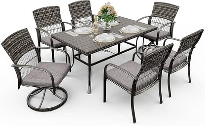 Pamapic 7 Piece Outdoor Dining Set, Rattan Outdoor Patio Furniture Set for Backyard with Iron Outdoor Dining Table, 4 Swivel Deck Chairs, 2 Wicker Chairs and Removable Cushions (Gray) - LeafyLoom