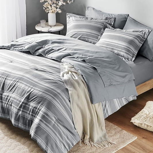 Queen Size Bed in a Bag, Full Bedding Sets, Modern Farmhouse Grey and White Striped Comforter with Sheets, 7-Piece Complete Bedroom Set - LeafyLoom