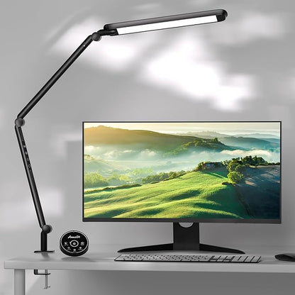 LED Desk Lamp with Clamp, 12W Eye-Caring Swing Arm Table Lamp, Stepless Dimming and Adjustable Color Temperature,Modern Architect Lamp with Memory and Timing Function for Study, Work, Home, Office - LeafyLoom