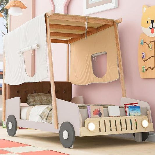 Twin Size Car Pillow, Ceiling Cloth and LED, Wood Kids Platform Bed for Boys Girls Teens Bedroom, Natural Color - LeafyLoom