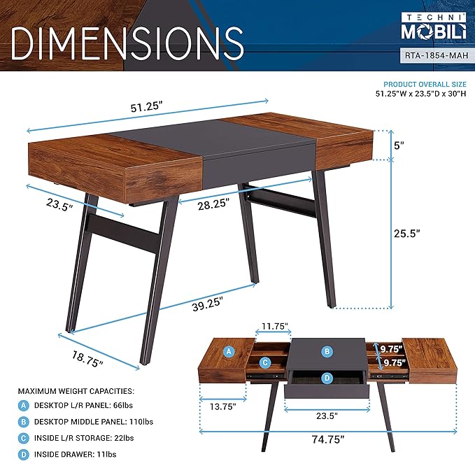 Techni Mobili Expandable Modern Storage Writing Desk, Mahogany - LeafyLoom