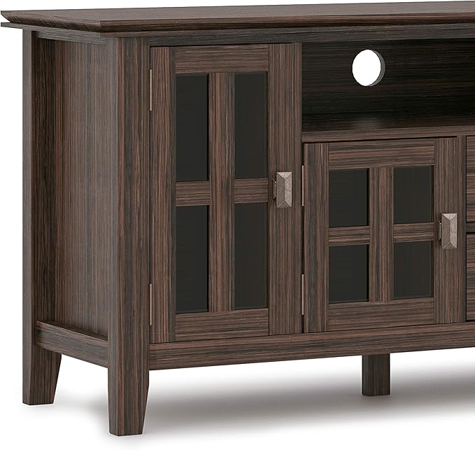 SIMPLIHOME Artisan SOLID WOOD Universal TV Media Stand, 72 inch Wide, Transitional, Living Room Entertainment Center, Storage Cabinet, for Flat Screen TVs up to 80 inches in Farmhouse Brown - LeafyLoom