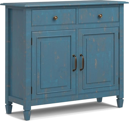 SIMPLIHOME Connaught SOLID WOOD Wide Traditional Storage Cabinet for The Living, Entryway and Family Room, 40 inch, Distressed Coastal Blue - LeafyLoom