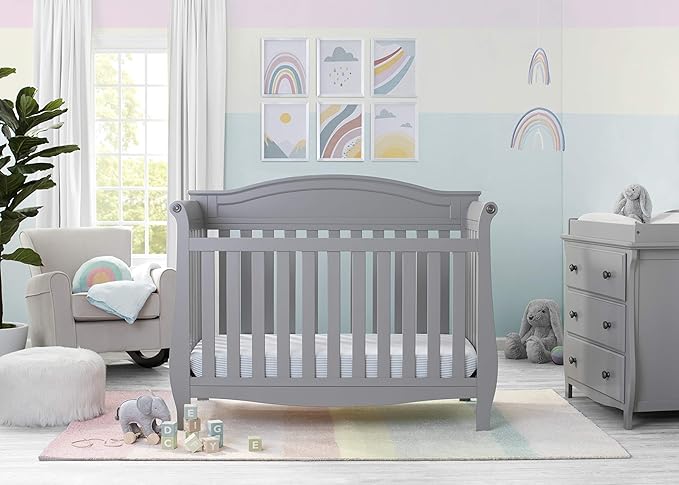 Delta Children Lancaster 4-in-1 Convertible Baby Crib, Grey + Serta Perfect Slumber Dual Sided Recycled Fiber Core Crib and Toddler Mattress (Bundle) - LeafyLoom